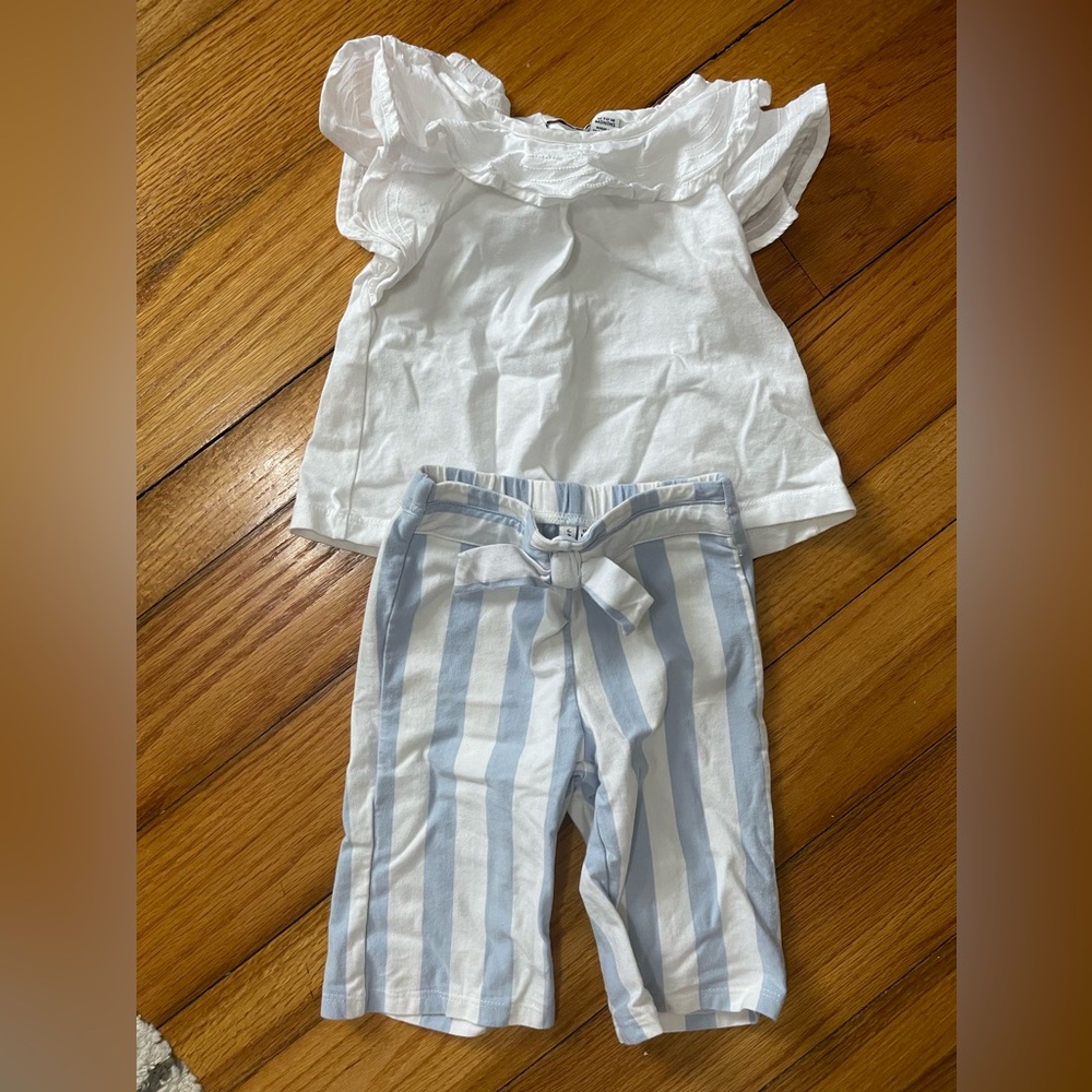 Janie and Jack Blue and White Striped Baby Pants w/ white top Size 12-18 months